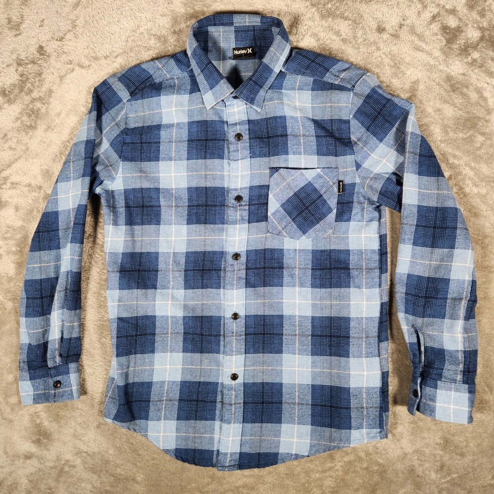 Hurley Plaid Button Down Shirt‎ Boys Large Blue Excellent Long Sleeve Flannel